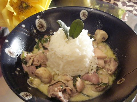 Tender chicken and mushrooms surround an island of Jasmine Rice