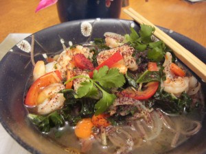 Shrimp & veggies over buckwheat noodles in broth.