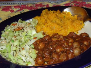 Indian Menu of Chana Masala Cabbage Sabzi Butternut Puree